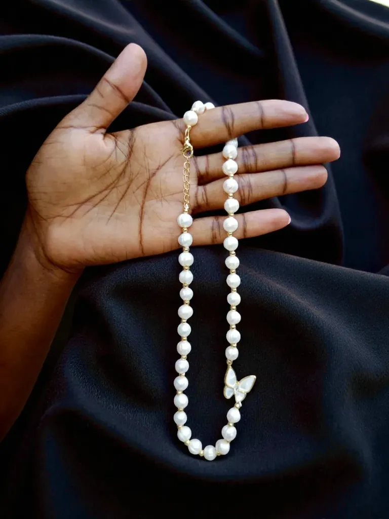 Pearl & Gold Butterfly Pendant Necklace