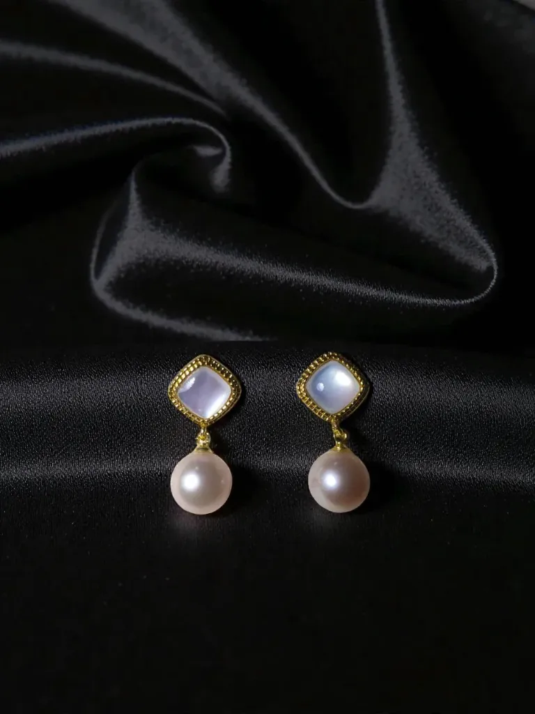 Square MOP Stud with Pink Pearl Drop